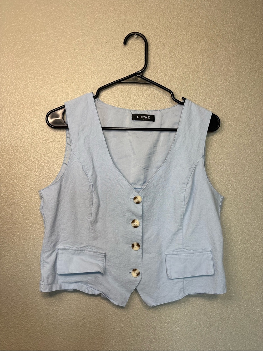 ChicMe Light Blue Button Front Vest Women’s Size Large Faux Pocket Top